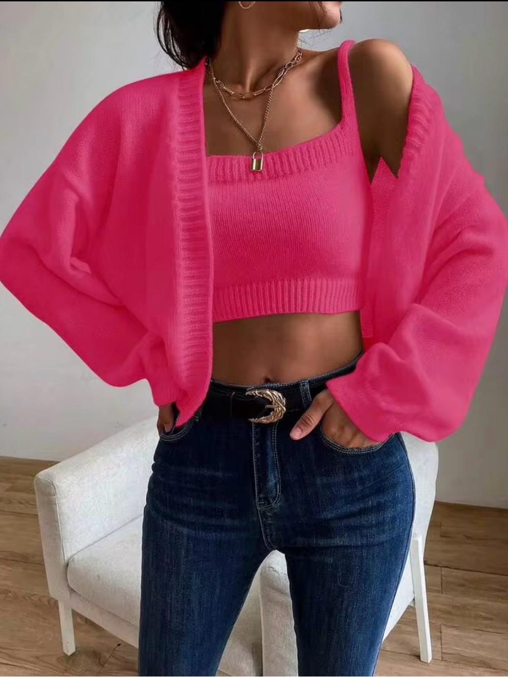 SHEIN Unity Solid Crop Cami Knit Top & Drop Shoulder Duster Cardigan